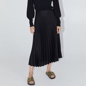 Black Satin Pleated Midi Skirt